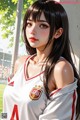 A woman in a white and red soccer uniform posing for a picture.