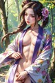 A woman in a kimono is posing naked in the woods.